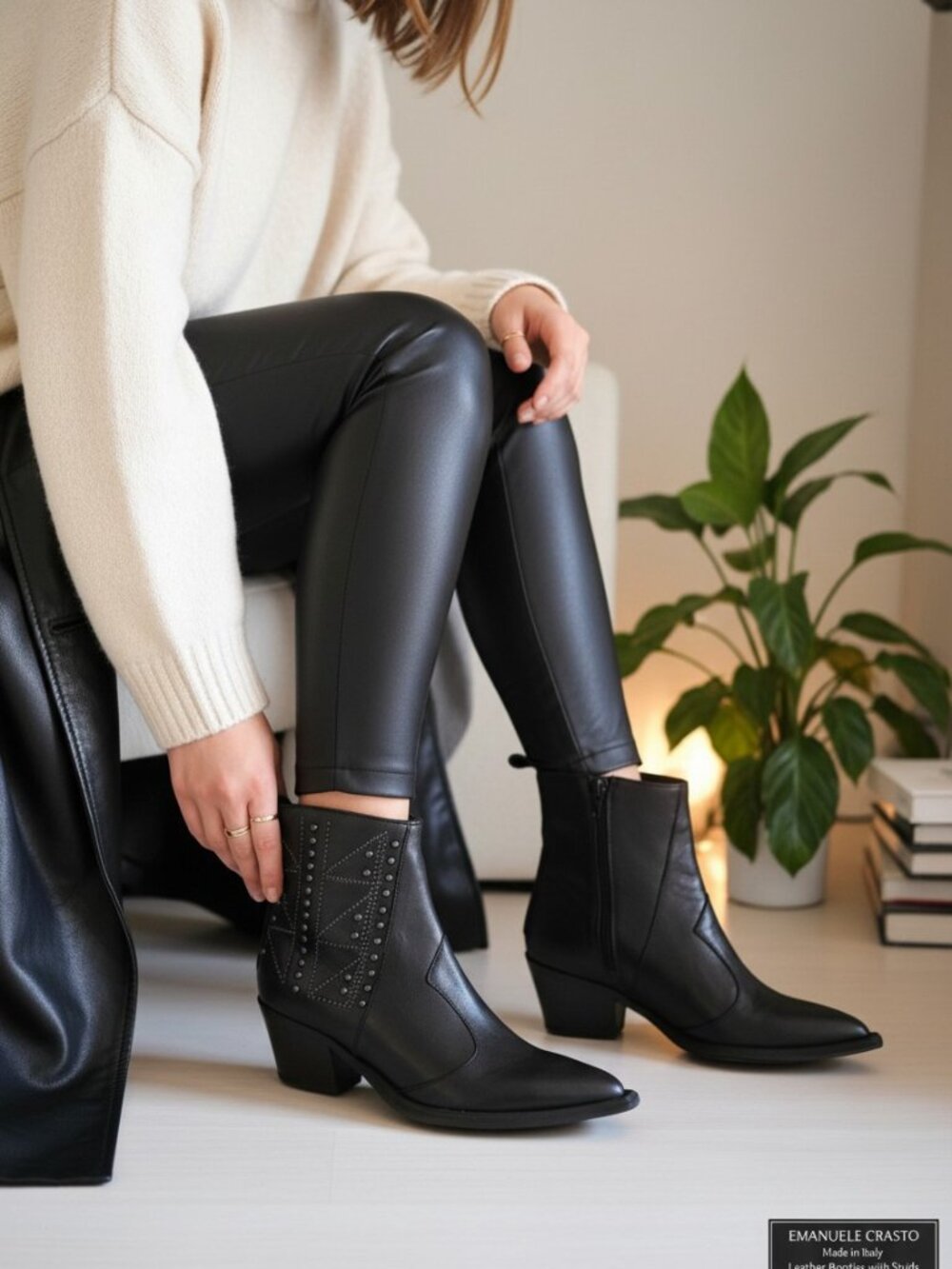 EMANUELE CRASTO Made in‎ Italy Leather Booties with Studs women black-6.5